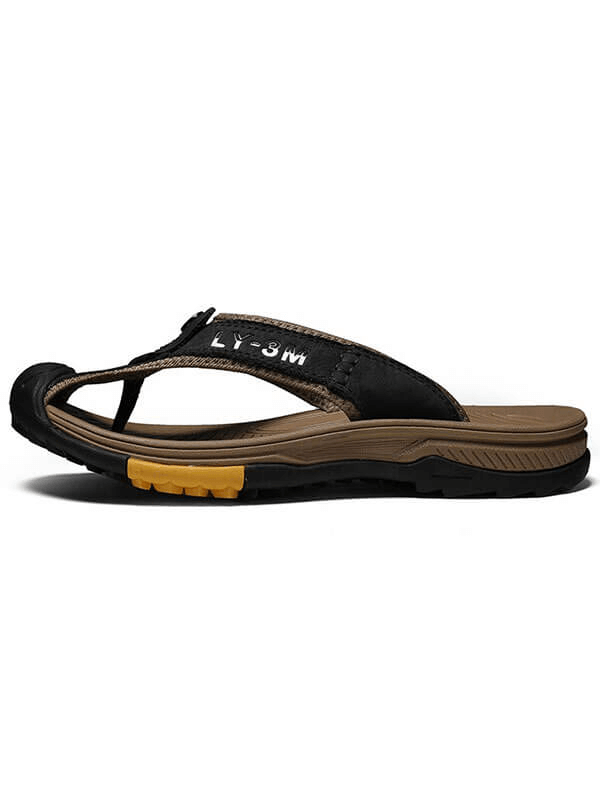 Casual Men's Genuine Leather Anti-slip Flip Flops – Durable brown and black design with a comfortable rubber sole, perfect for any season.